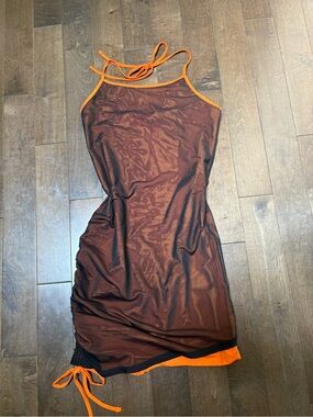 Mesh Halter Dress with Orange Lining and Ruching